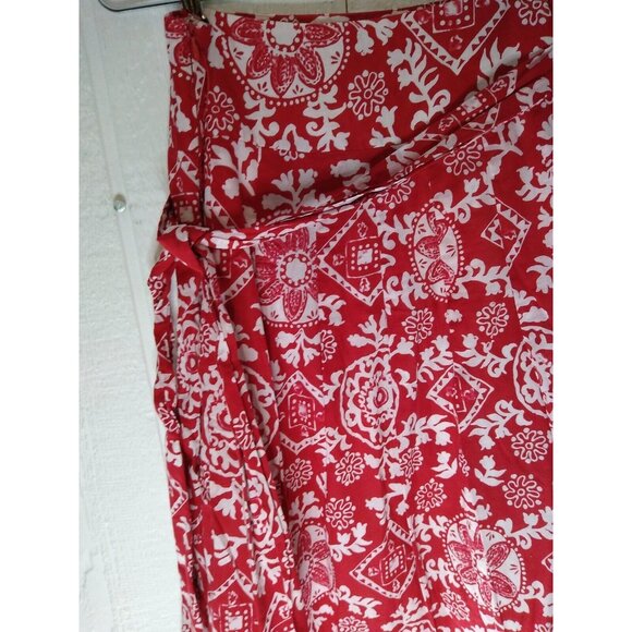 NY Collection Women's Size M Red Cotton Floral Lined Skirt Sash Midi Length - Picture 3 of 7